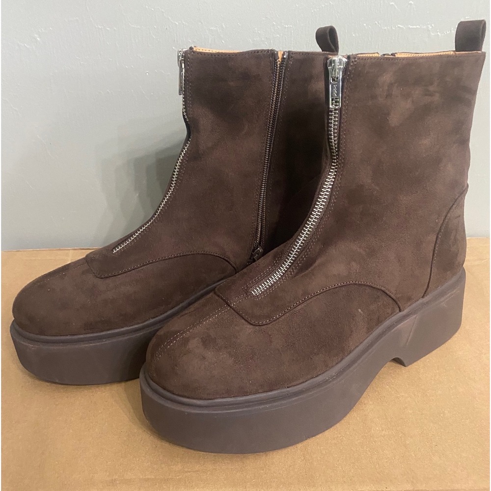Universal Thread Womens Brown Faux Suede Front Zip Platform Ankle Boots Size 11